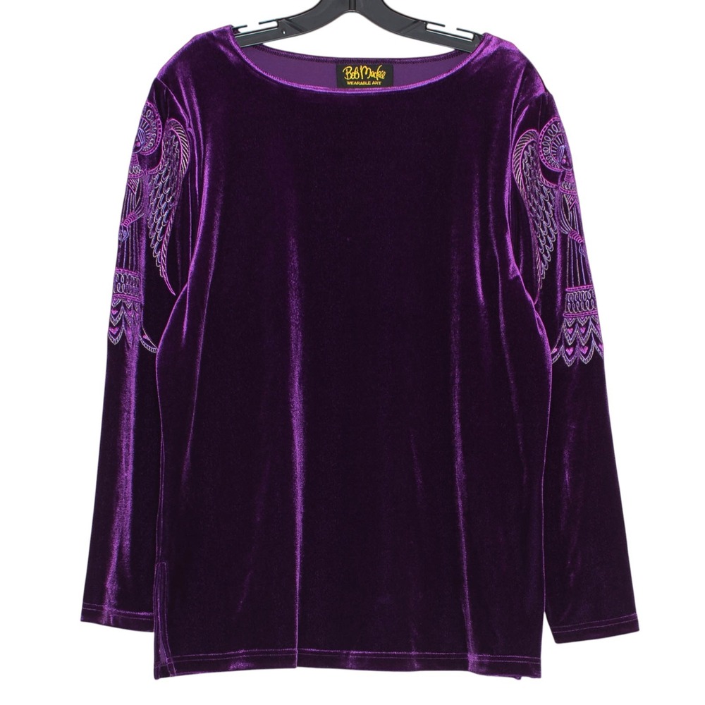 Vintage Bob Mackie Top Velvet Embroidered Angel Wearable Art Purple Stretch L